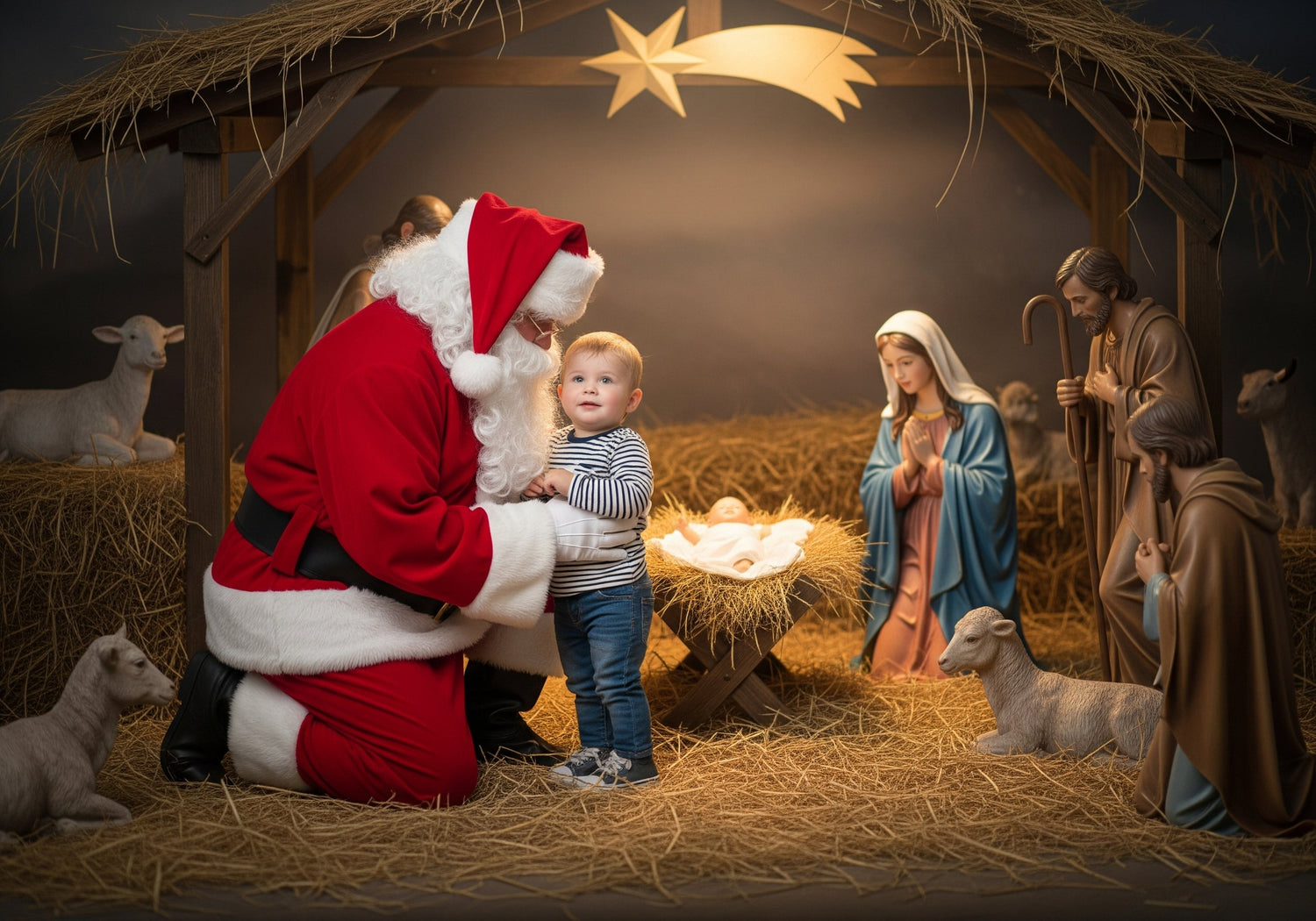 Kneeling Santa Claus at the Manger