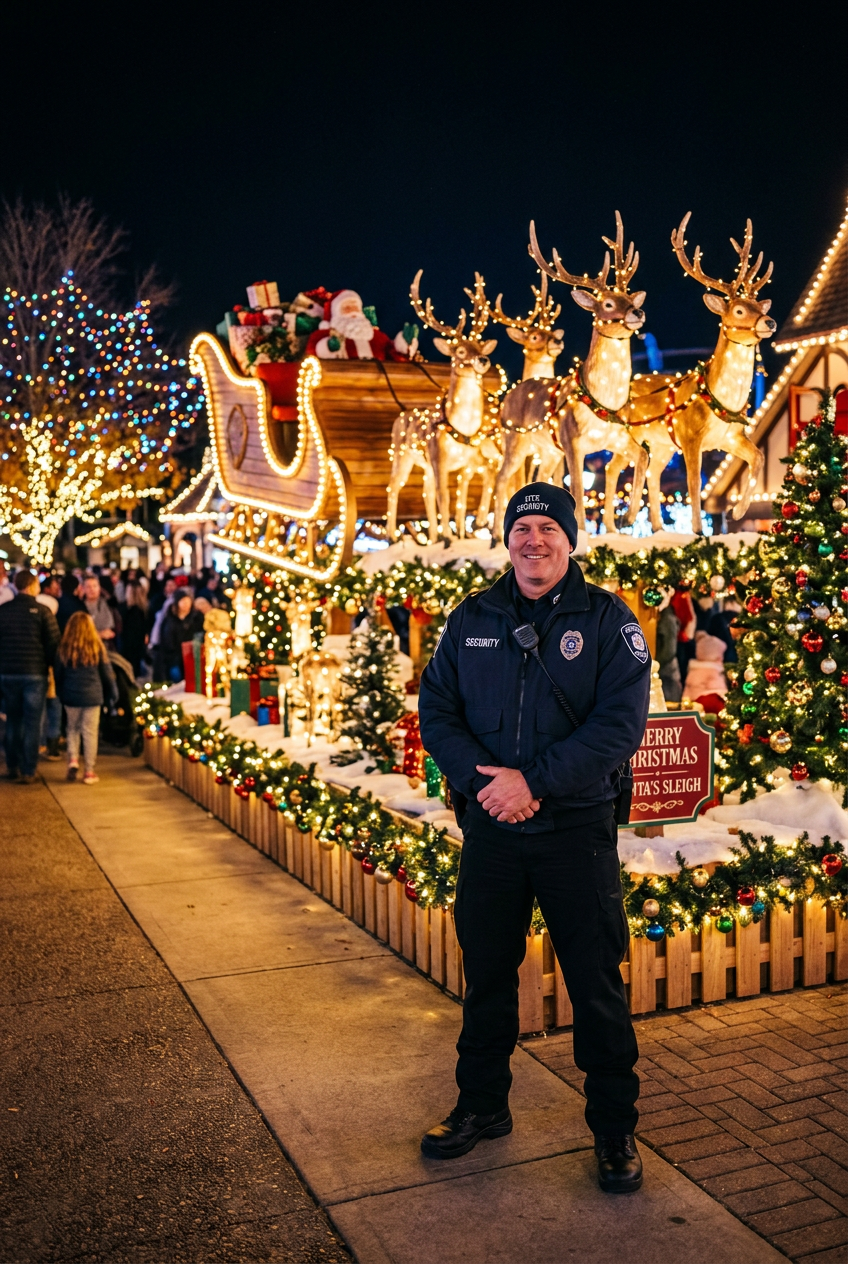 Security guard at a Christmas display