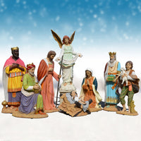Set of nativity scene figurines with an angel figure in the center against a blue sky background.