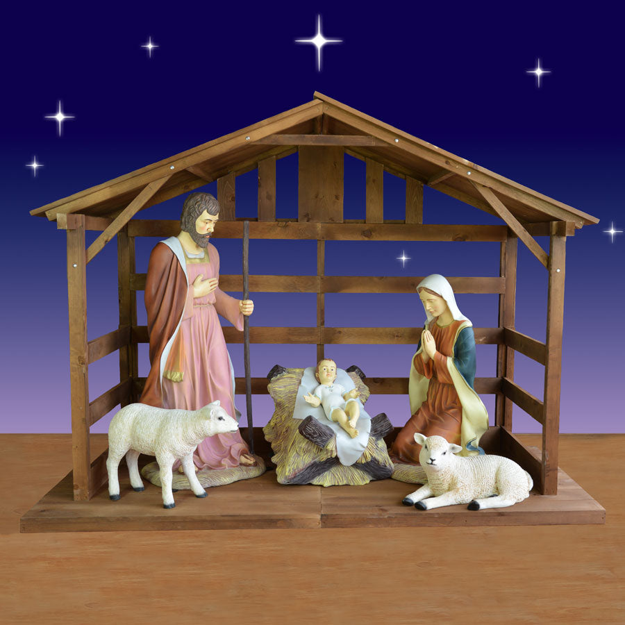 Nativity Scene Outdoor - Holy Family &amp; Lambs in Stable -  54in. scale