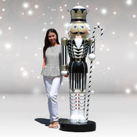 6.5 ft Life-Size Black & White Nutcracker King with Candy Cane in Left Hand