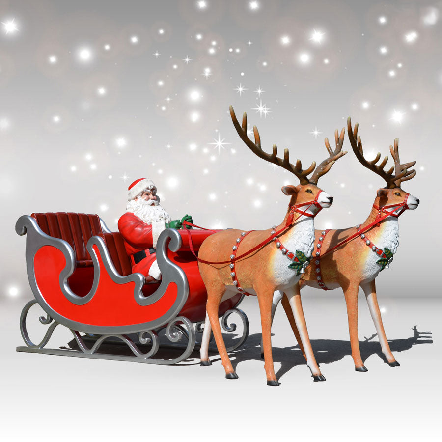 Santa, four-seater Sleigh and Two Reindeer Silver Trim - 175inches long