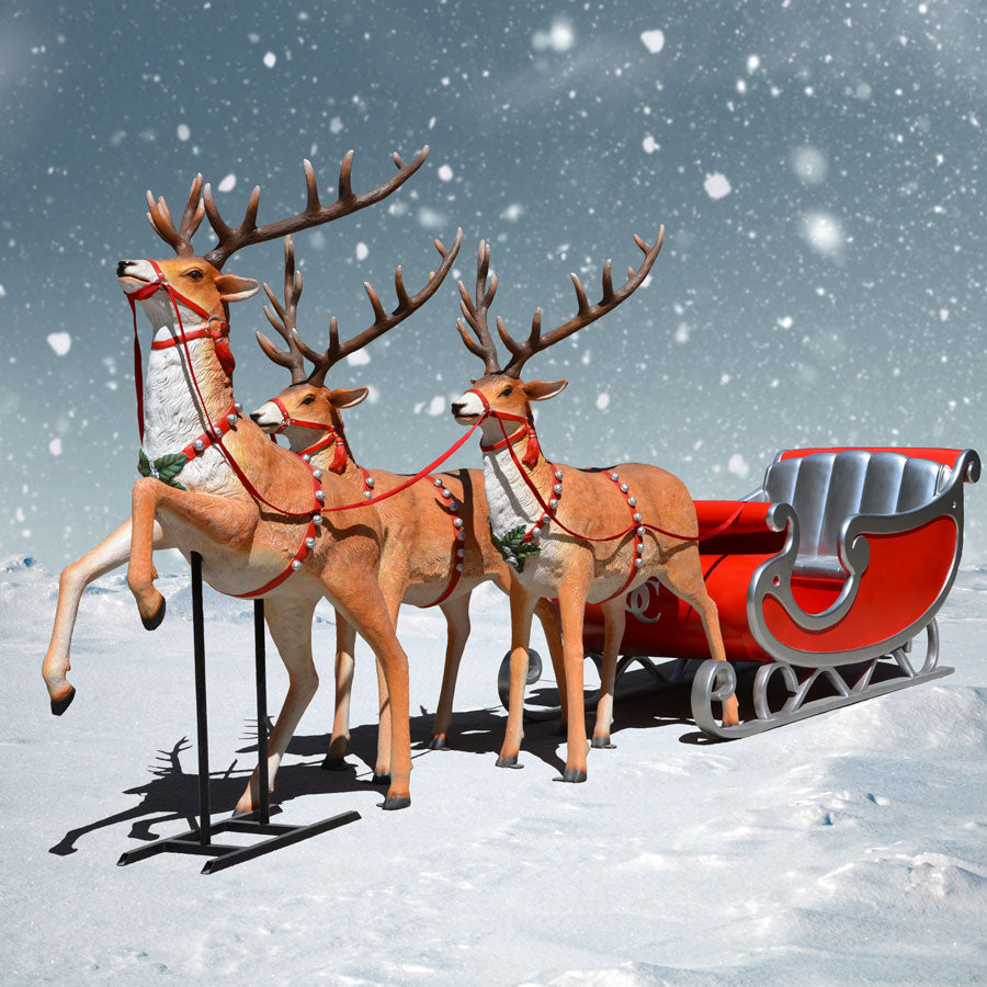 Deluxe two-seater Sleigh, and Three Reindeer Silver Trim - 170 inches long