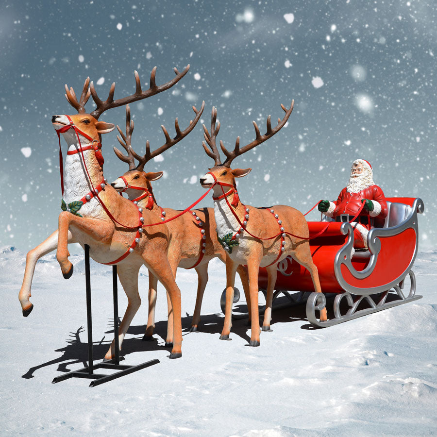 Deluxe two-seater Sleigh, Santa and Three Reindeer Silver Trim - 170 inches long
