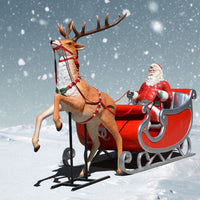 Santa, Deluxe two-seater Sleigh and Rearing Reindeer Silver Trim - 132 inches long