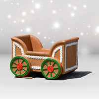 Gingerbread toy carriage with green wheels on a white background